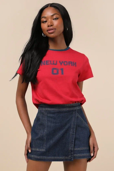Lulus Fadella Dark Wash Denim High-rise Skort In Blue
