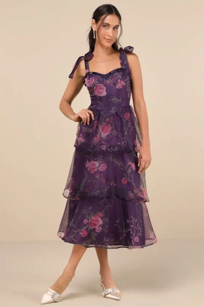 Lulus Fairytale Cutie Purple Floral Tie-strap Tiered Midi Dress