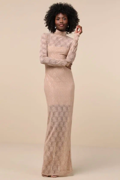Lulus Famous Impression Beige Lace Mock Neck Long Sleeve Maxi Dress