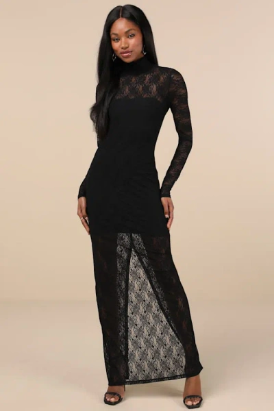 Lulus Famous Impression Black Lace Mock Neck Long Sleeve Maxi Dress