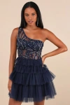 Lulus Fanciful Charm Navy Mesh Beaded Tiered One-shoulder Mini Dress In Navy