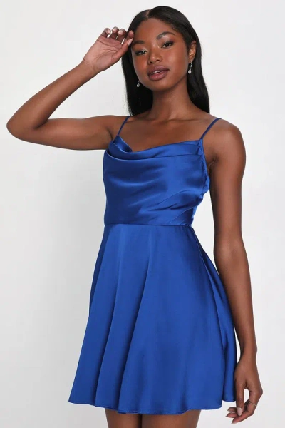 Lulus Fanciful Flirt Royal Blue Satin Cowl Neck Skater Mini Dress