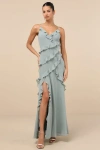 Lulus Fancy Sweetness Sage Green Ruffled Lace-up Sleeveless Maxi Dress In Sage Green