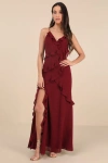 Lulus Fancy Sweetness Wine Red Ruffled Lace-up Sleeveless Maxi Dress In Wine Red