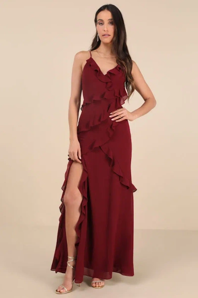 Lulus Fancy Sweetness Wine Red Ruffled Lace-up Sleeveless Maxi Dress