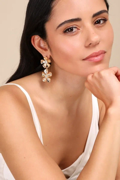 Lulus Fantastic Blooms Gold Rhinestone Flower Statement Earrings