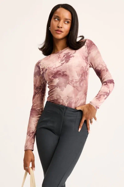 Lulus Farasha Mauve Burnout Butterfly Print Long Sleeve Top In Pink