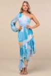 Lulus Faria Blue Multi Abstract Metallic Clip Dot Midi Dress