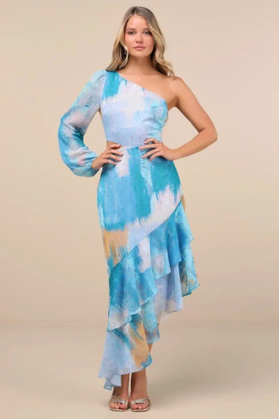 Lulus Faria Blue Multi Abstract Metallic Clip Dot Midi Dress