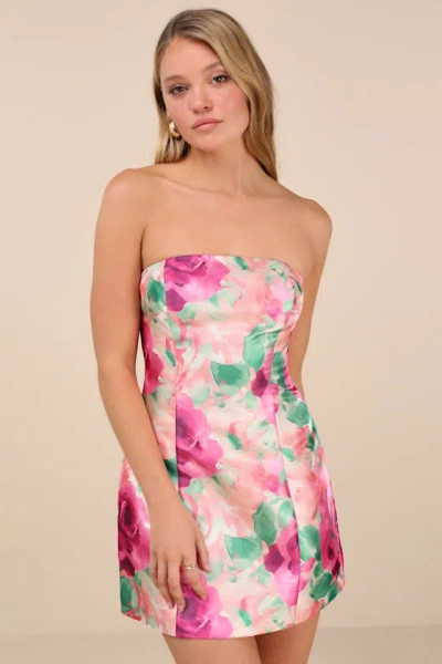 Lulus Farica Peach Pink Floral Organza Strapless Mini Dress