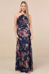 Lulus Farris Navy Floral Organza Halter Maxi Dress In Navy