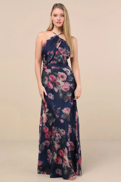 Lulus Farris Navy Floral Organza Halter Maxi Dress