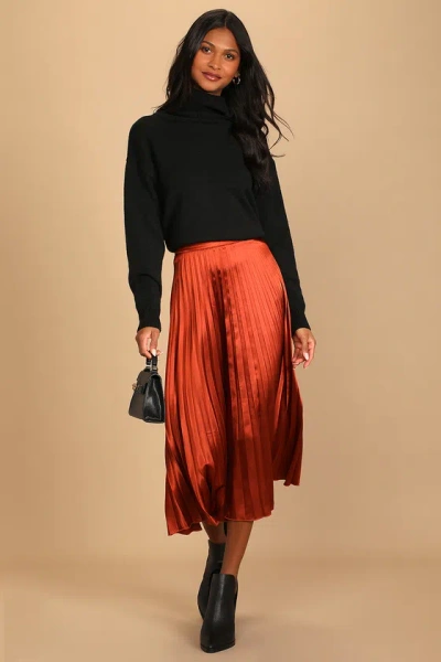 Lulus Fashionable Babe Rust Brown Satin Pleated Midi Skirt