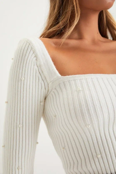 Lulus Fashionable Perfection Ivory Ribbed Pearl Sweater Top