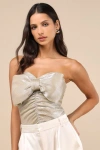 Lulus Fashionista Flair Shiny Champagne Bow Strapless Top In Champagne