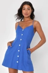 Lulus Favorite Find Royal Blue Linen Mini Dress With Pockets In Royal Blue