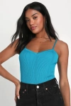 Lulus Favorite Fit Teal Blue Ribbed Bodysuit In Teal Blue