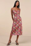 Lulus Favorite Icon Black Multi Floral Satin Cowl Neck Slip Midi Dress In Black