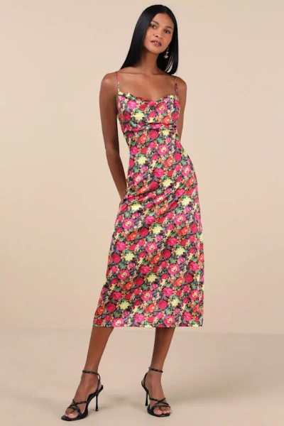 Lulus Favorite Icon Black Multi Floral Satin Cowl Neck Slip Midi Dress