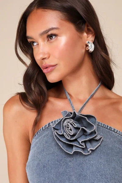 Lulus Favorite Reference Light Wash Denim Rosette Halter Top In Blue