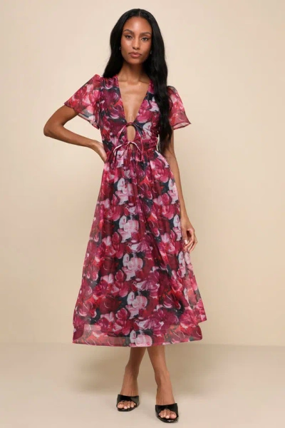 Lulus Favorite Rsvp Magenta Floral Organza Tie-front Midi Dress