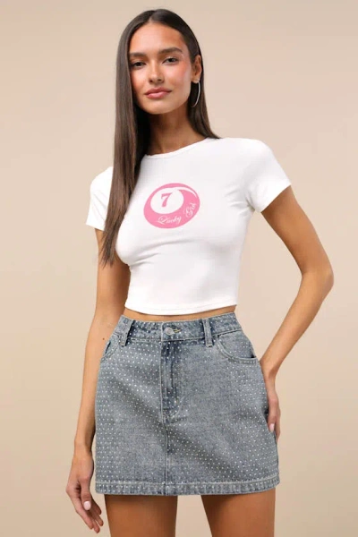 Lulus Fayla Medium Wash Denim Rhinestone Mini Skirt