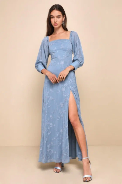 Lulus Feel The Romance Blue Embroidered Off-the-shoulder Maxi Dress