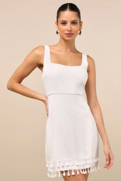 Lulus Feel The Sunshine Light Beige Linen Tassel Mini Dress