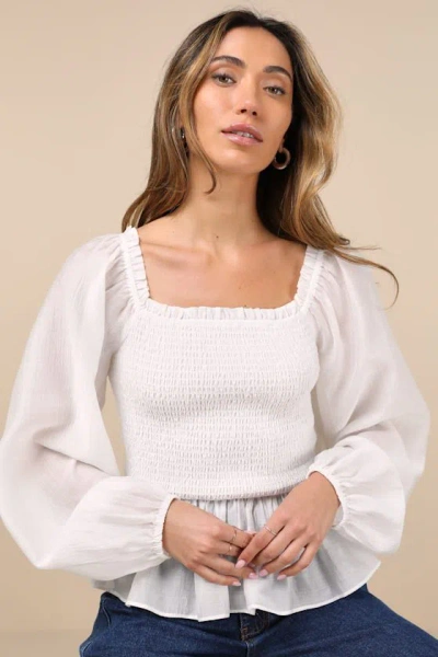 Lulus Feeling Angelic Ivory Balloon Sleeve Smocked Peplum Top