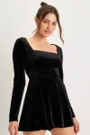 Lulus Feeling Cheery Black Velvet Long Sleeve Tie-back Romper In Black