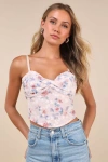 Lulus Feeling Girly Blush Pink Floral Print Mesh Cropped Cami Top In Blush Pink