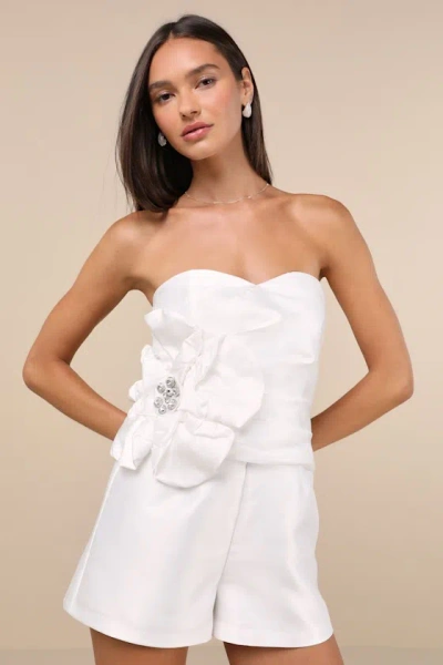 Lulus Feeling Incredible White Taffeta Applique Strapless Romper