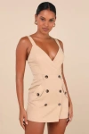 Lulus Feeling So Chic Tan Surplice Double-breasted Skort Romper In Tan