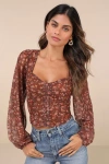 Lulus Feeling So Cute Brown Floral Mesh Balloon Sleeve Crop Top In Brown