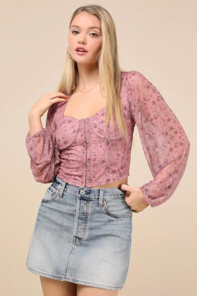 Lulus Feeling So Cute Mauve Floral Mesh Balloon Sleeve Crop Top