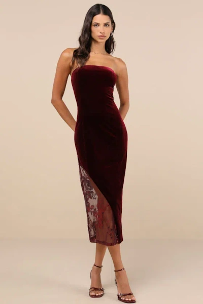 Lulus Feeling So Luxe Burgundy Velvet Mesh Sequin Strapless Midi Dress