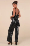 Lulus Feeling Sparkly Black Sequin Bow Wide-leg Jumpsuit In Black