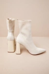 Lulus Feliciaa Almond Ribbed Knit Pointed-toe Sock Boots In Beige