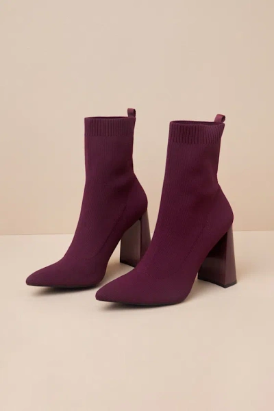 Lulus Feliciaa Wine Ribbed Knit Pointed-toe Sock Boots In Purple