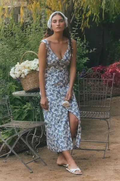 Lulus Fenley Ivory And Blue Ivory Floral Button-front Midi Dress In Multi