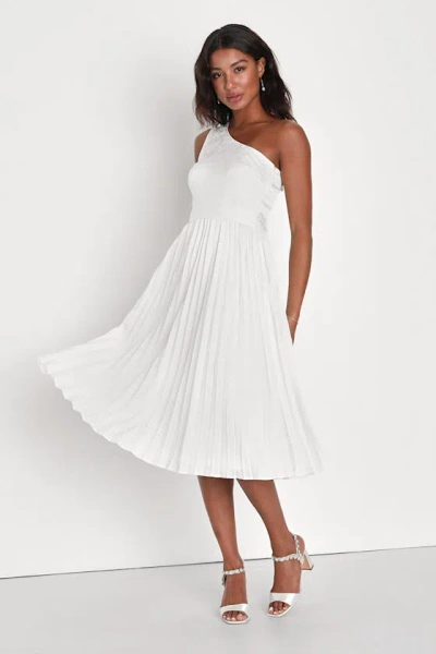 Lulus Festive Flirtation White Satin Jacquard One-shoulder Midi Dress