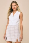 Lulus Fetching Cutie Beige Plaid High Rise Notched Mini Skirt In Beige