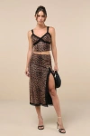 Lulus Fierce Attitude Tan Leopard Print Mesh Lace High-rise Midi Skirt In Tan