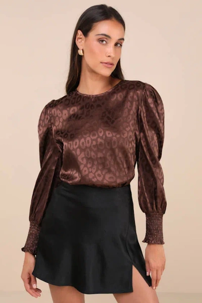 Lulus Fierce Outfit Dark Brown Satin Jacquard Long Sleeve Top
