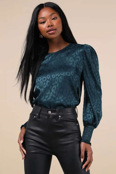 Lulus Fierce Outfit Dark Teal Satin Jacquard Long Sleeve Top