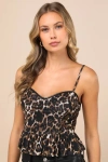 Lulus Fierce Perfection Brown Leopard Mesh Peplum Cropped Cami Top In Brown