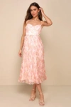 Lulus Finest Endeavor Blush Pink Floral Pleated Bustier Midi Dress In Blush Pink