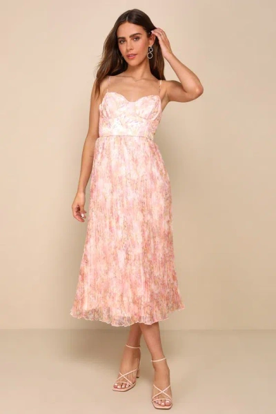 Lulus Finest Endeavor Blush Pink Floral Pleated Bustier Midi Dress