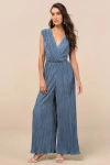 Lulus Firenze Dusty Blue Plisse Surplice Sleeveless Wide-leg Jumpsuit In Dusty Blue