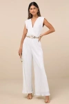 Lulus Firenze White Plisse Surplice Sleeveless Wide-leg Jumpsuit In White